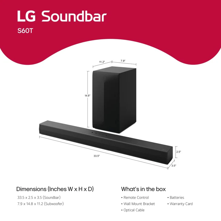 LG S60T LG Soundbar for TV with Dolby Audio™ 3.1 channel | S60T.AJORMLK| | LG Audio, Video and Home Theater Systems | LG Home Theaters LG S60T LG Soundbar for TV with Dolby Audio™ 3.1 channel | S60T.AJORMLK| | LG Audio, Video and Home Theater Systems | LG Home Theaters